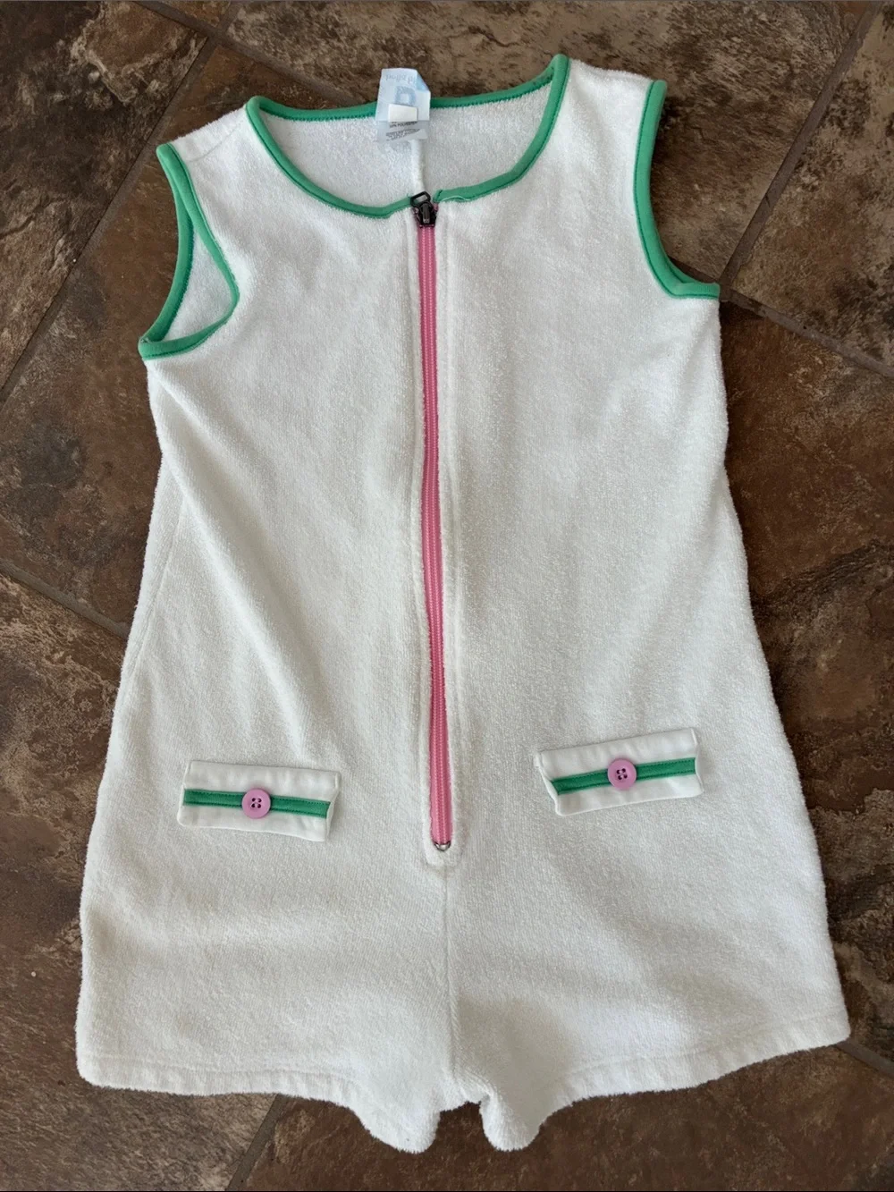 bella bliss White Terry Swim Coverup Romper with Pink Zipper and Green Trim